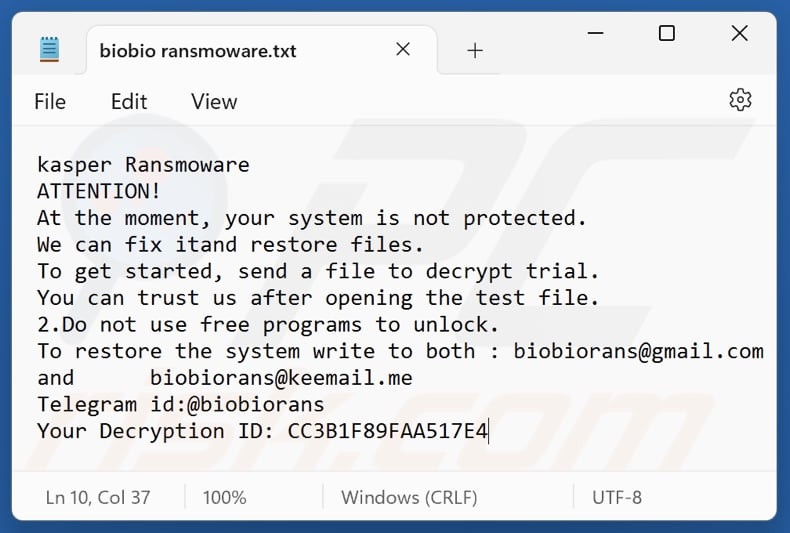 Biobio (Kasper) ransomware note de rançon (biobio ransmoware.txt)