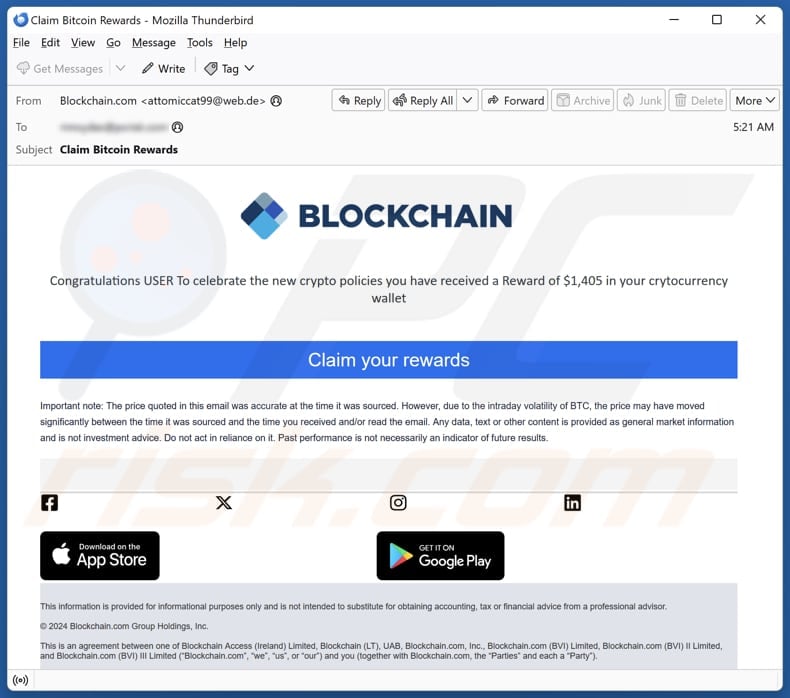 Blockchain Rewards Campagne de spam par courrier électronique