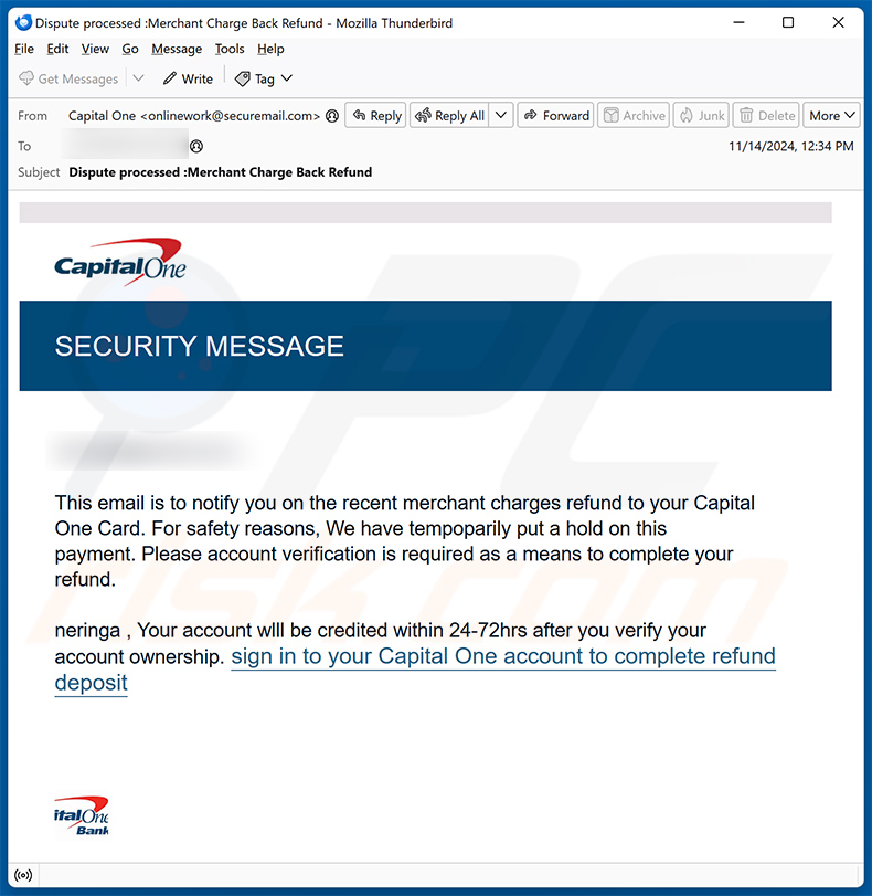 Capital One SECURITY MESSAGE escroquerie par courriel (2024-11-19)