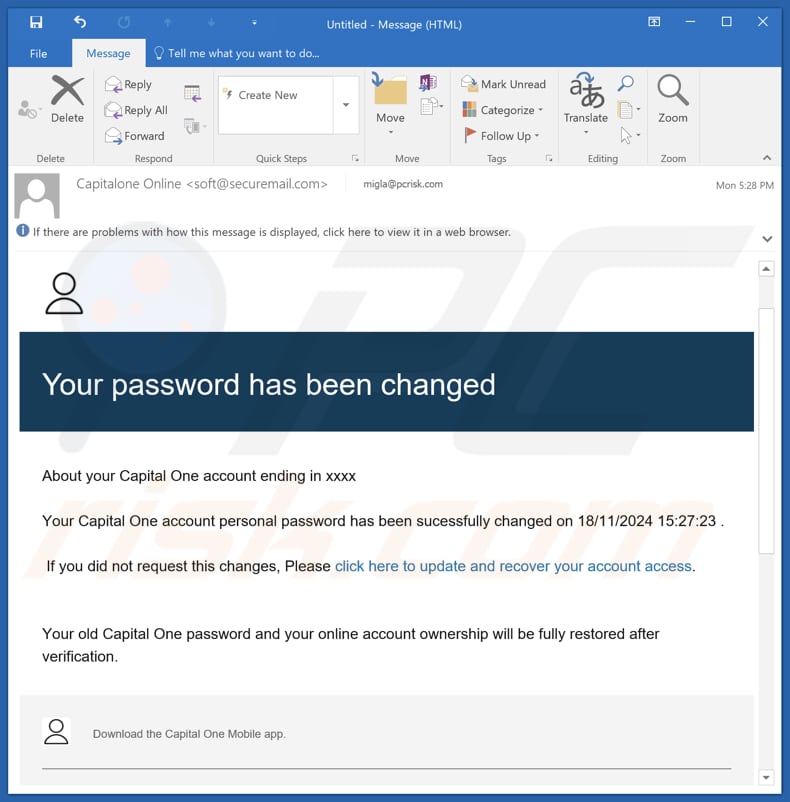 Capital One - Your Password Has Been Changed Campagne de spam par courrier électronique