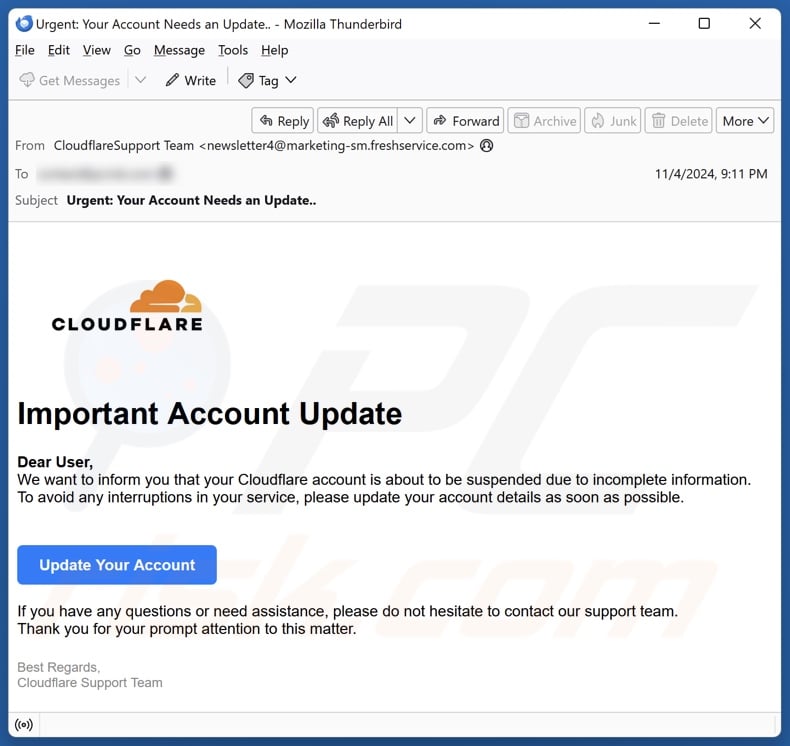 Cloudflare - Important Account Update Campagne de spam par courrier électronique