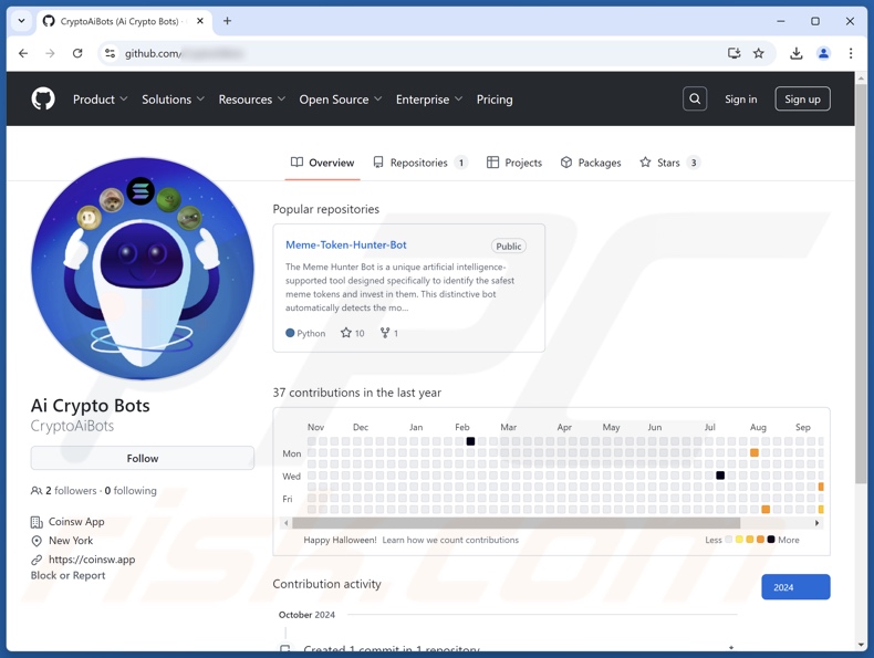 Dépôt GitHub approuvant CryptoAITools en tant que bot chasseur de jetons de mèmes