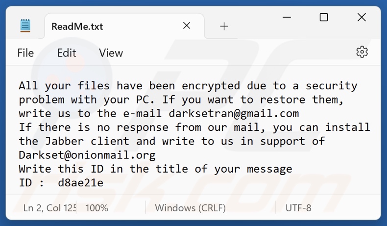 DARKSET ransomware note de rançon (ReadMe.txt)