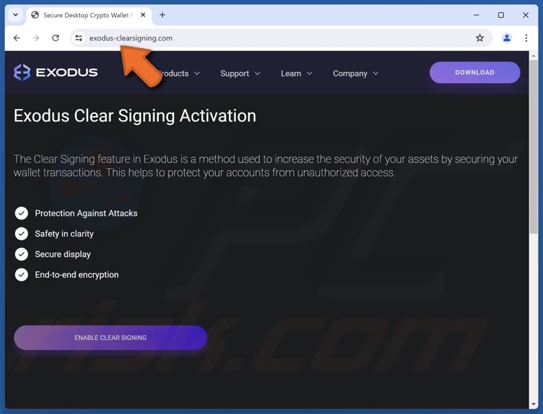 Exodus Clear Signing Activation escroquerie