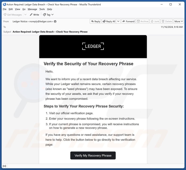 Ledger Recovery Phrase Verification Campagne de spam par courrier électronique