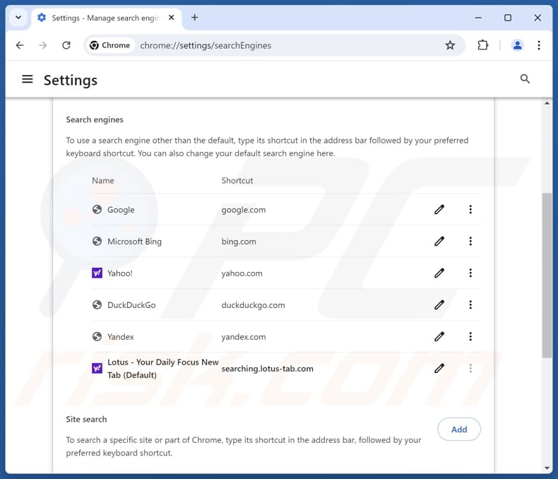 Suppression de lotus-tab.com du moteur de recherche par défaut de Google Chrome