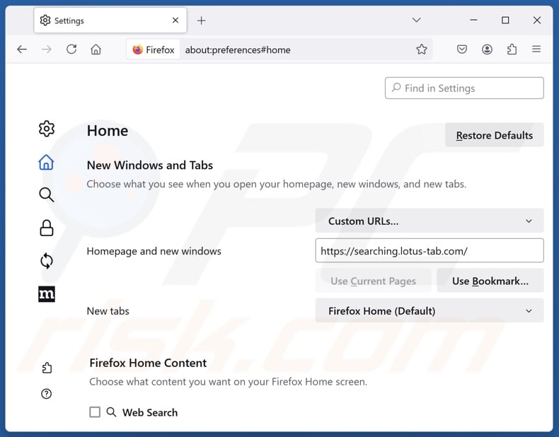 Supprimer lotus-tab.com de la page d'accueil de Mozilla Firefox