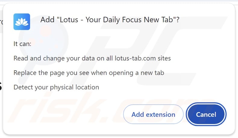 Lotus - Your Daily Focus New Tab pirate de navigateur demandant des autorisations