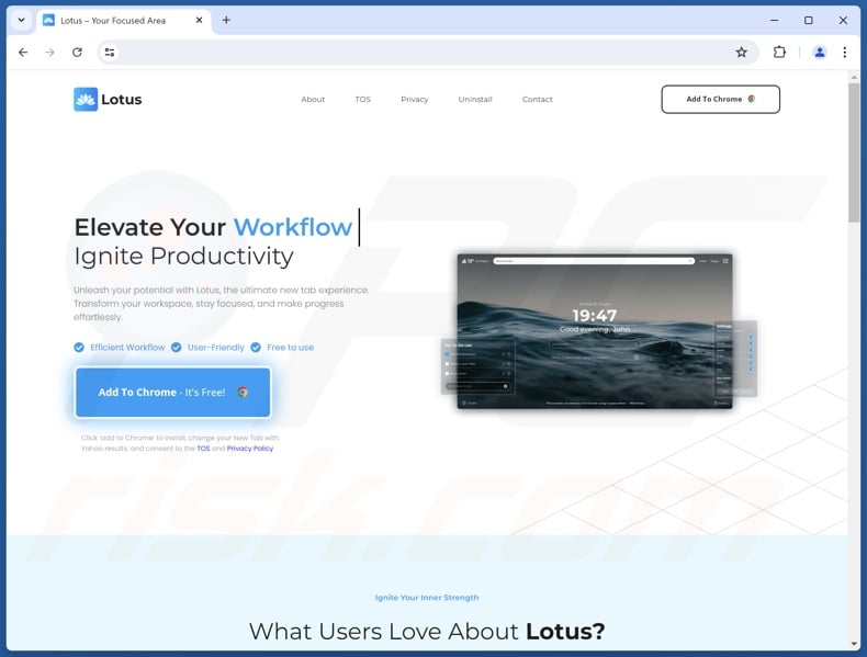 Site web utilisé pour promouvoir Lotus - Your Daily Focus New Tab pirate de navigateur