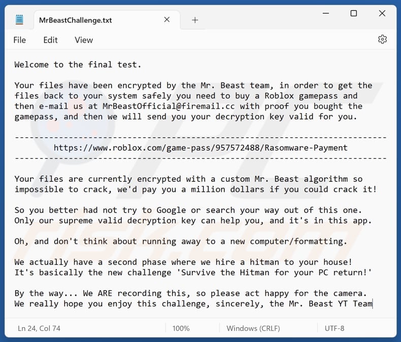 MrBeast ransomware fichier texte (MrBeastChallenge.txt)