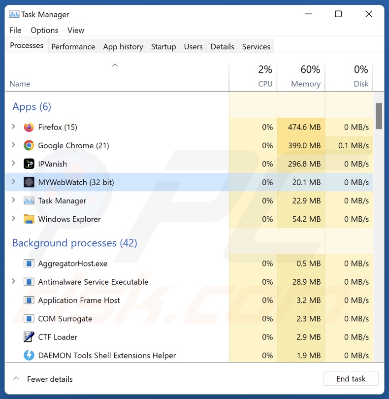 MYWeb Watch processus de détournement de navigateur (MYWeb Watch - nom du processus)