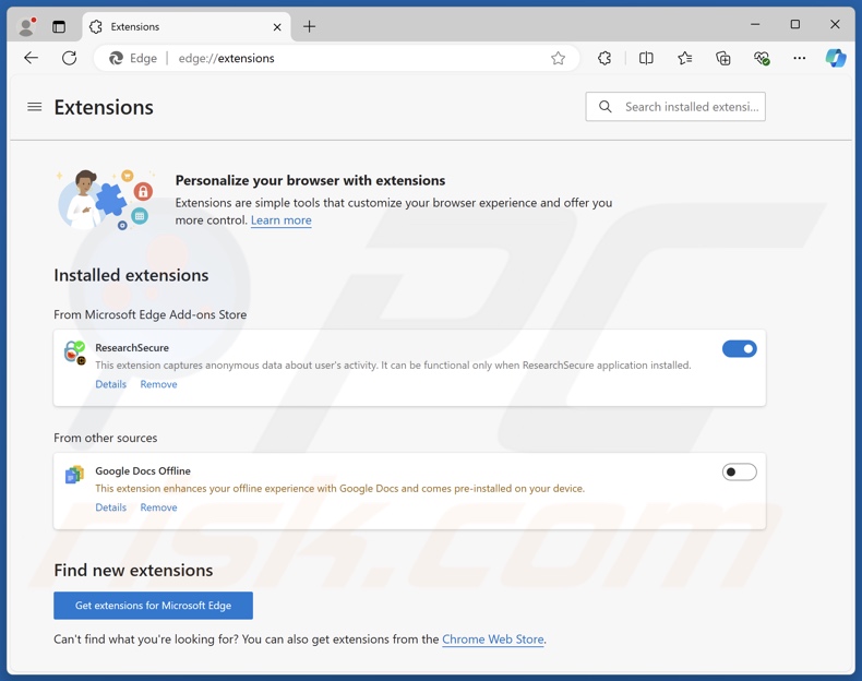 ResearchSecure PUA extension de navigateur installée (Edge)