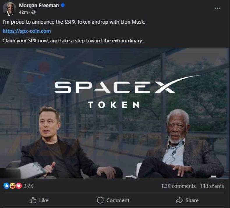 $SpaceX Coin Airdrop profil volé de Morgan Freeman faisant la promotion de l'escroquerie