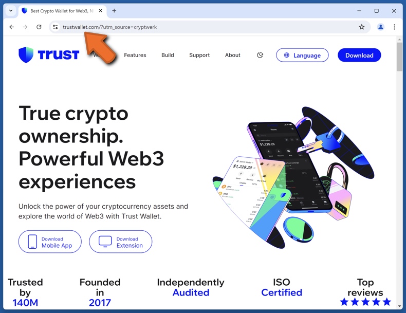 Apparition du véritable site web du Trust Wallet (trustwallet.com)