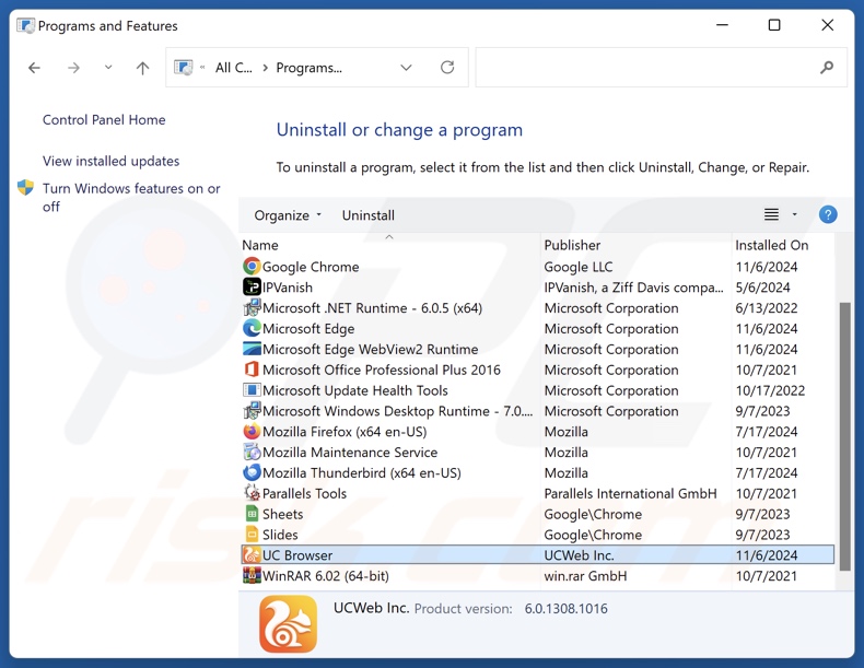 Désinstallation de UC Browser via le Panneau de configuration