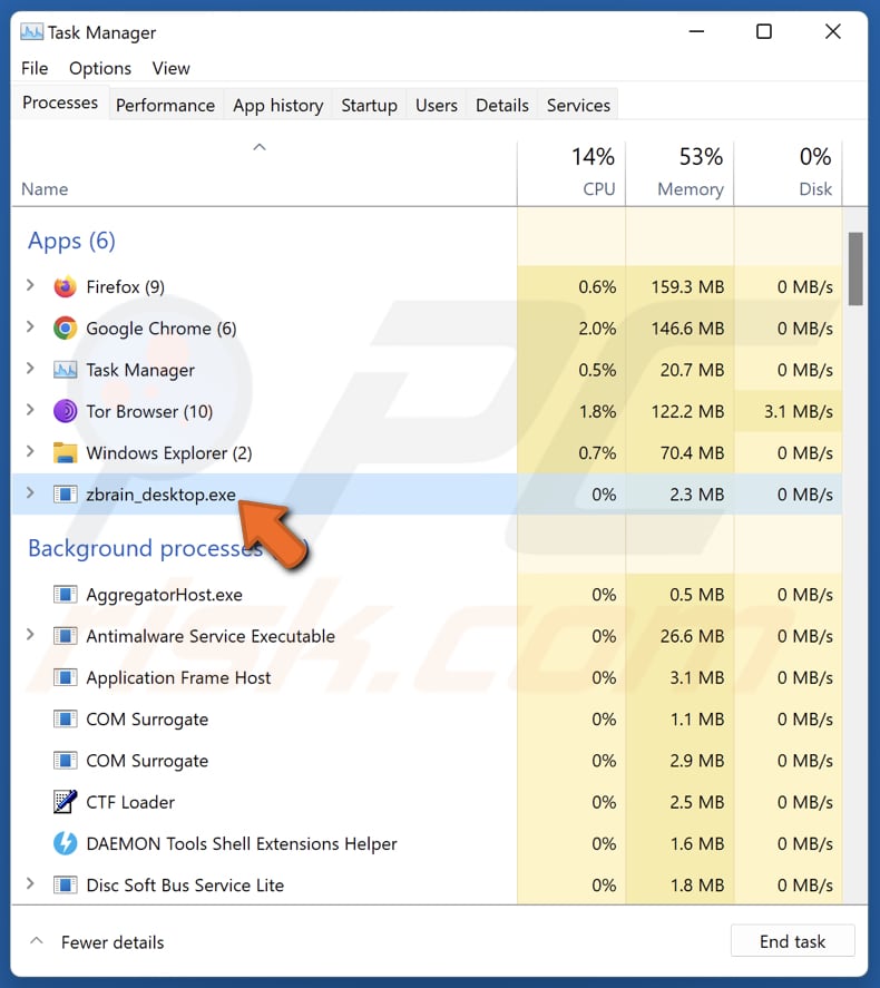 Violent_shark extension malveillante fonctionnant dans le gestionnaire des tâches sous le nom de zbrain_desktop.exe