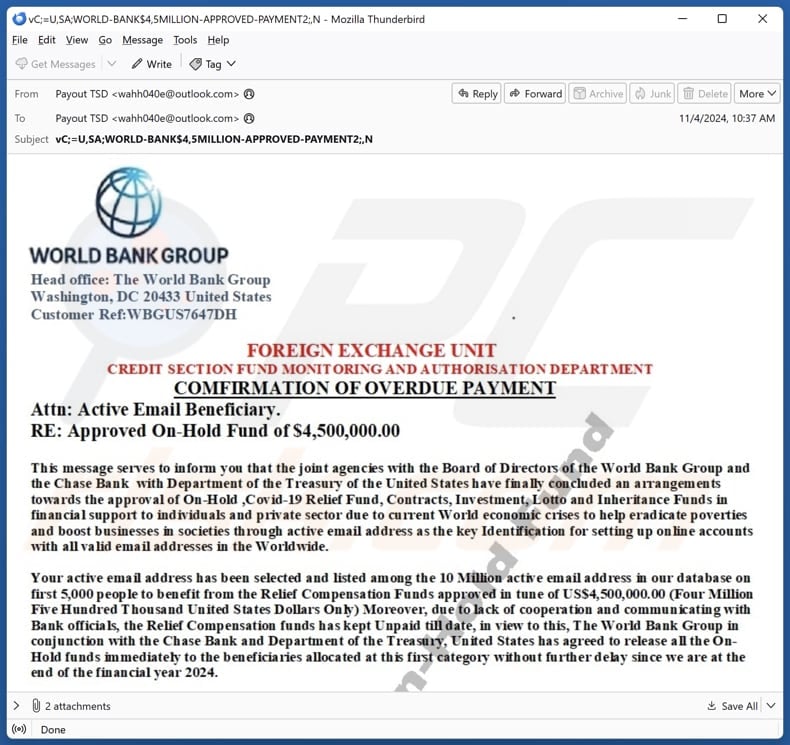 World Bank Group - Overdue Payment Campagne de spam par courrier électronique