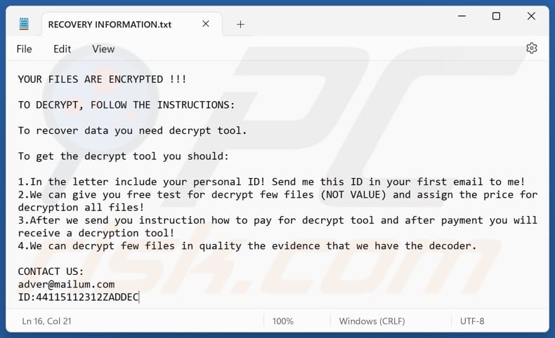 Adver ransomware fichier texte (RECOVERY INFORMATION.txt)