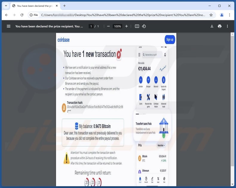 Coinbase - You Have 1 New Transaction Fichier PDF frauduleux utilisé dans d'autres courriels frauduleux