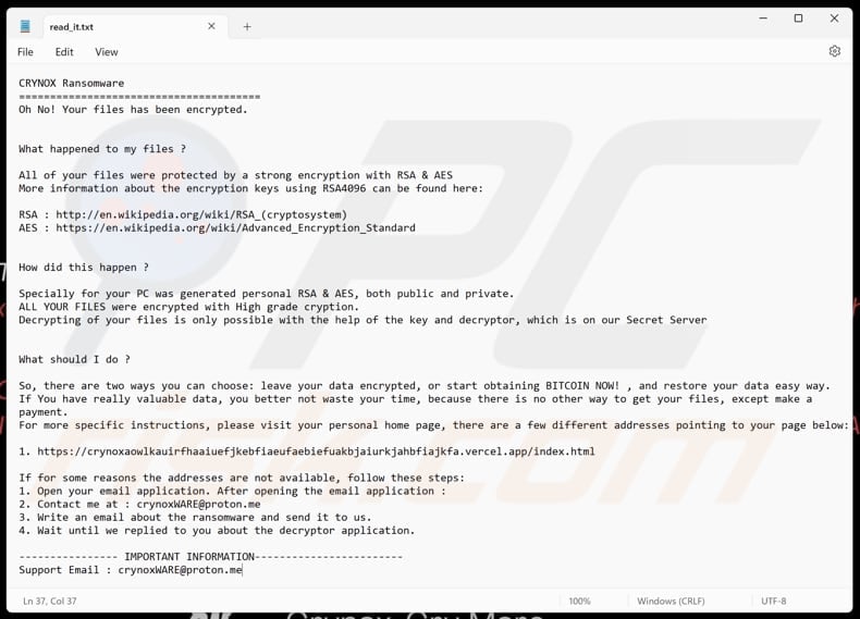 Crynox ransomware fichier texte (read_it.txt)