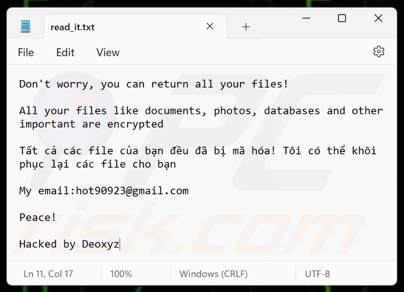 Deoxyz ransomware note de rançon (read_it.txt)