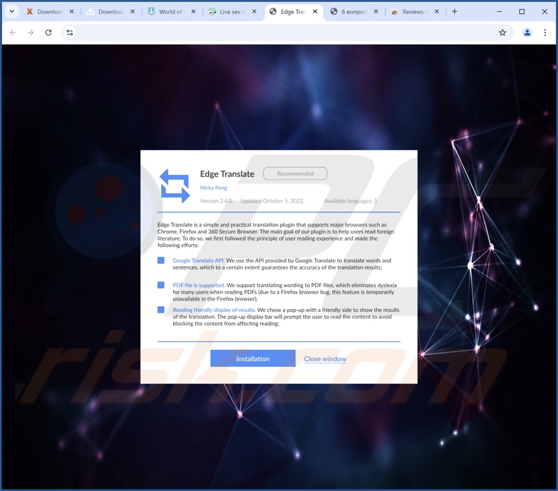 Site web promouvant Equalizer pour le navigateur Chrome adware