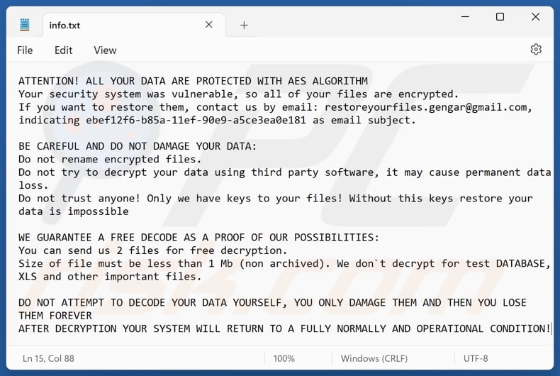 Gengar ransomware fichier texte (info.txt)