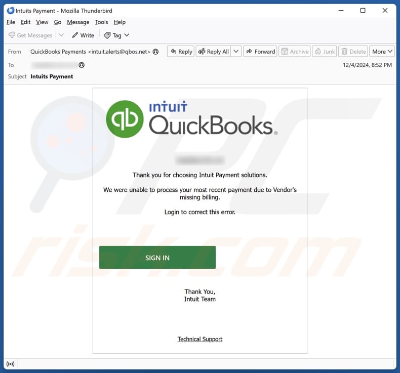 Intuit QuickBooks - Unable To Process Payment Campagne de spam par courrier électronique