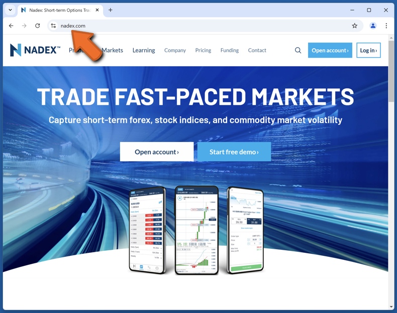 Apparence du vrai site web de Nadex (nadex.com)