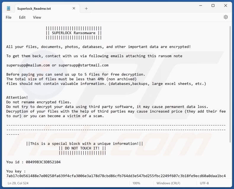 SUPERLOCK ransomware note de rançon (Superlock_Readme.txt)