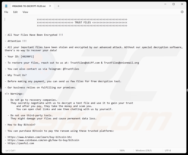 TRUST FILES ransomware fichier texte (#README-TO-DECRYPT-FILES.txt)