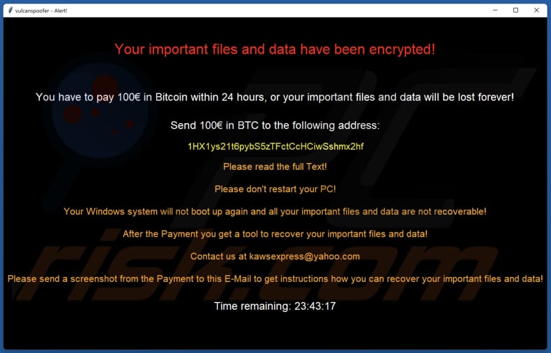 Vulcan ransomware note de rançon (pop-up fenêtre)