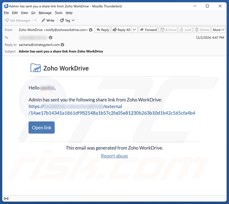 Zoho WorkDrive Campagne de spam par courrier électronique