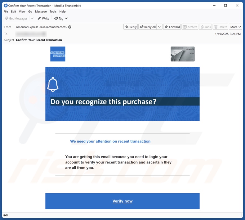 American Express - Unrecognized Transaction Campagne de spam par courrier électronique