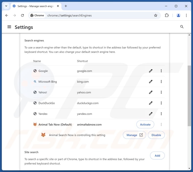 Supprimer animaltabnow.com du moteur de recherche par défaut de Google Chrome