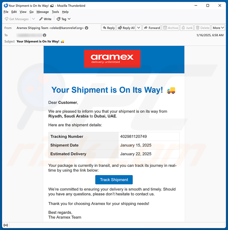 Spam sur le thème d'Aramex (2025-01-16)