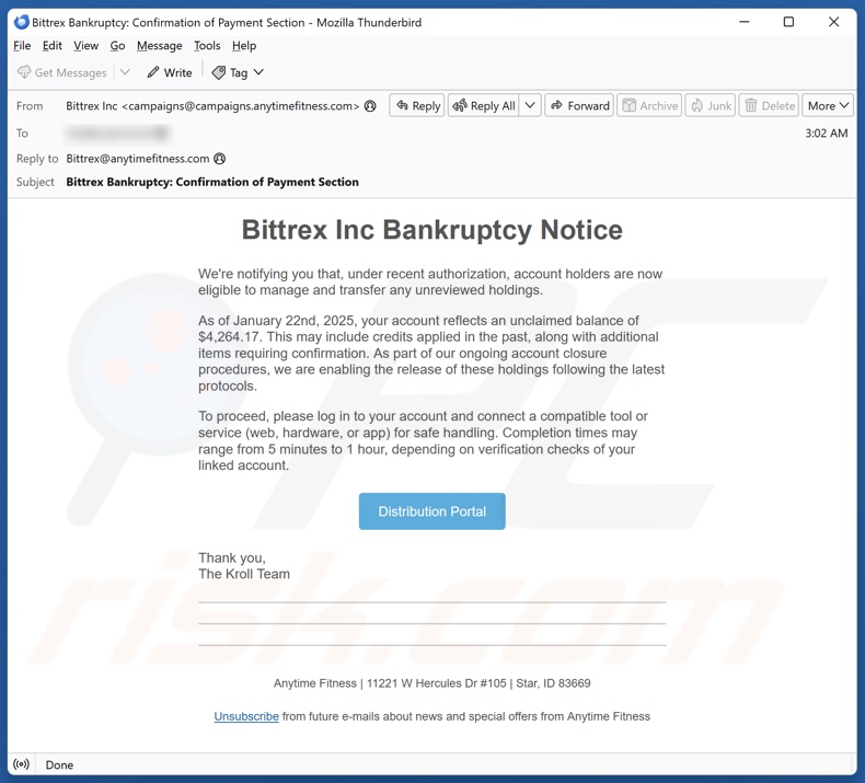 Bittrex Inc Bankruptcy Notice Campagne de spam par courrier électronique