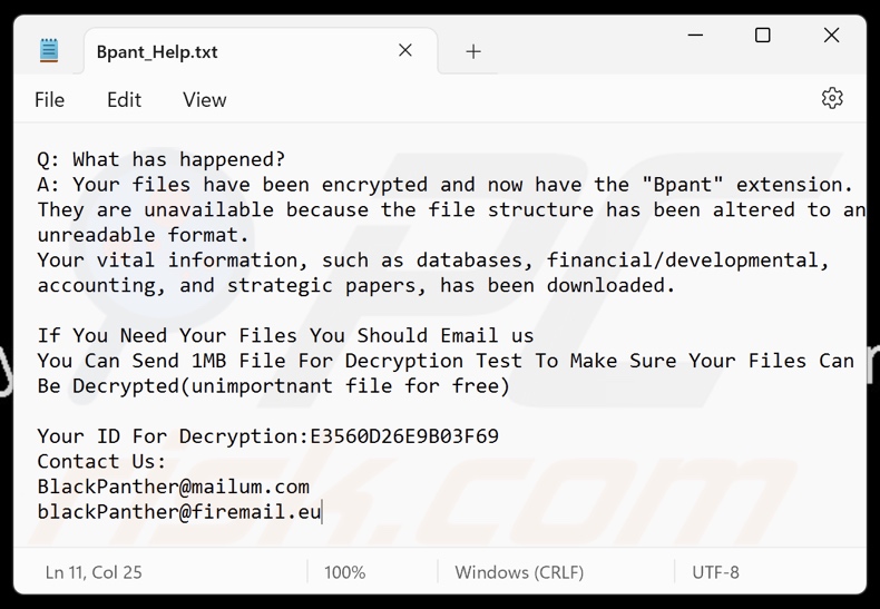 BlackPanther ransomware note de rançon (Bpant_Help.txt)