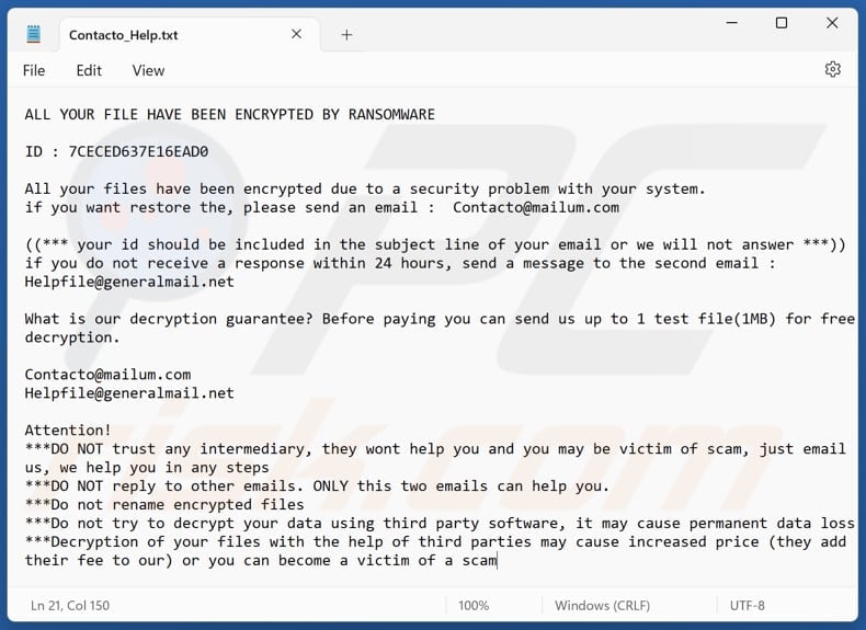 Contacto ransomware fichier texte (Contacto_Help.txt)