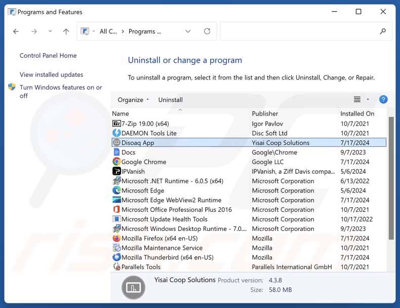 Disoaq App désinstaller via Control Panel