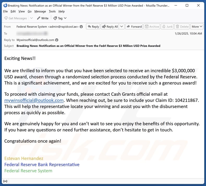 Federal Reserve Award Campagne de spam par courrier électronique