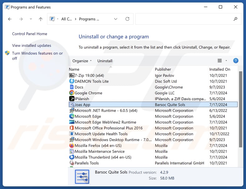 Joas App désinstaller via Control Panel