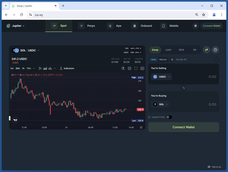 Jupiverse Wallet Connection réel website (jup.ag)