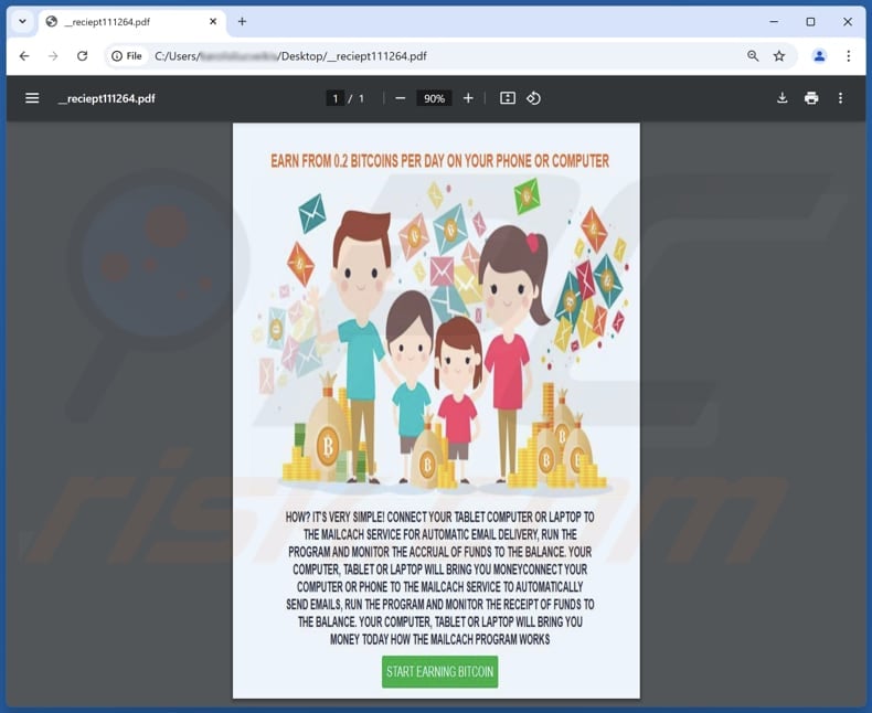 MailCach Bitcoin Earning PDF d'escroquerie joint à l'e-mail
