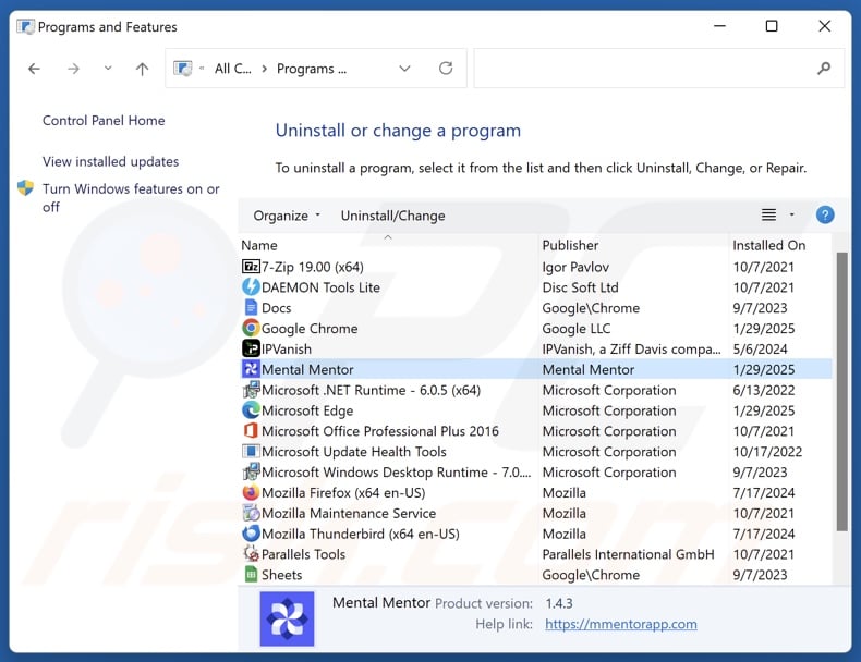 Mental Mentor désinstaller via Control Panel