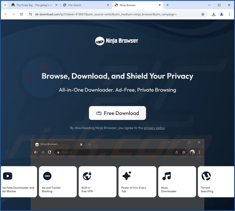 Site utilisé pour promouvoir Ninja Browser