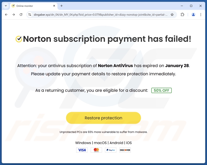 Norton Subscription Payment Has Failed escroquerie