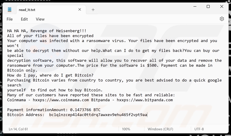 Revenge Of Heisenberg ransomware variante de la note de rançon (read_it.txt)