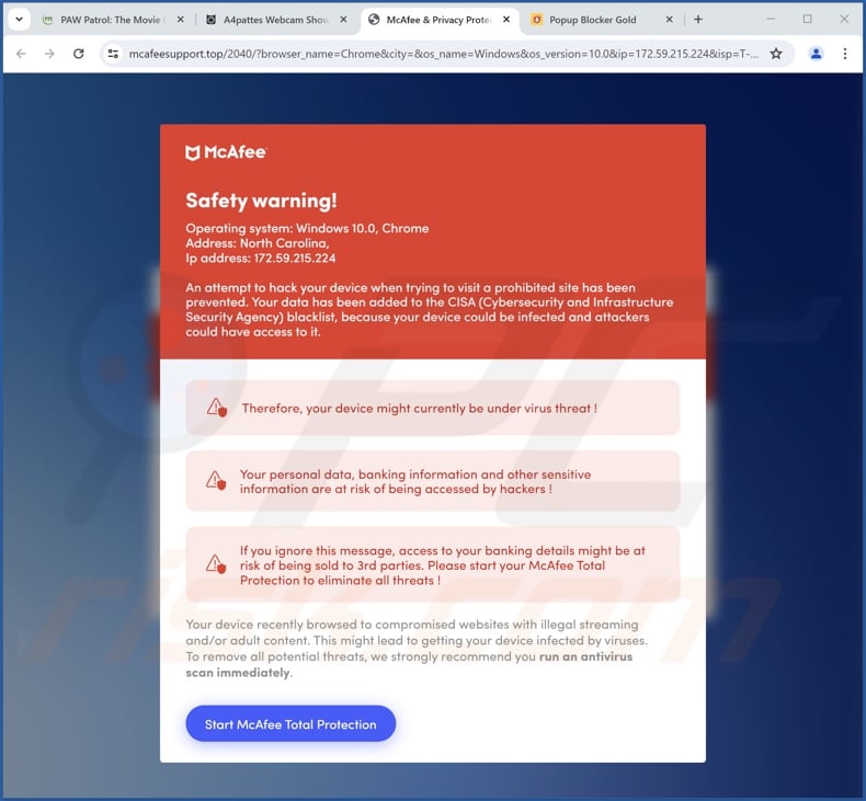 Safety Warning escroquerie (McAfee variante 2)