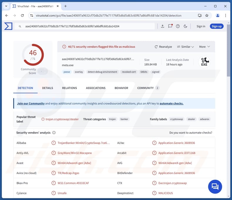 Détections de logiciels malveillants ScarletStealer sur VirusTotal